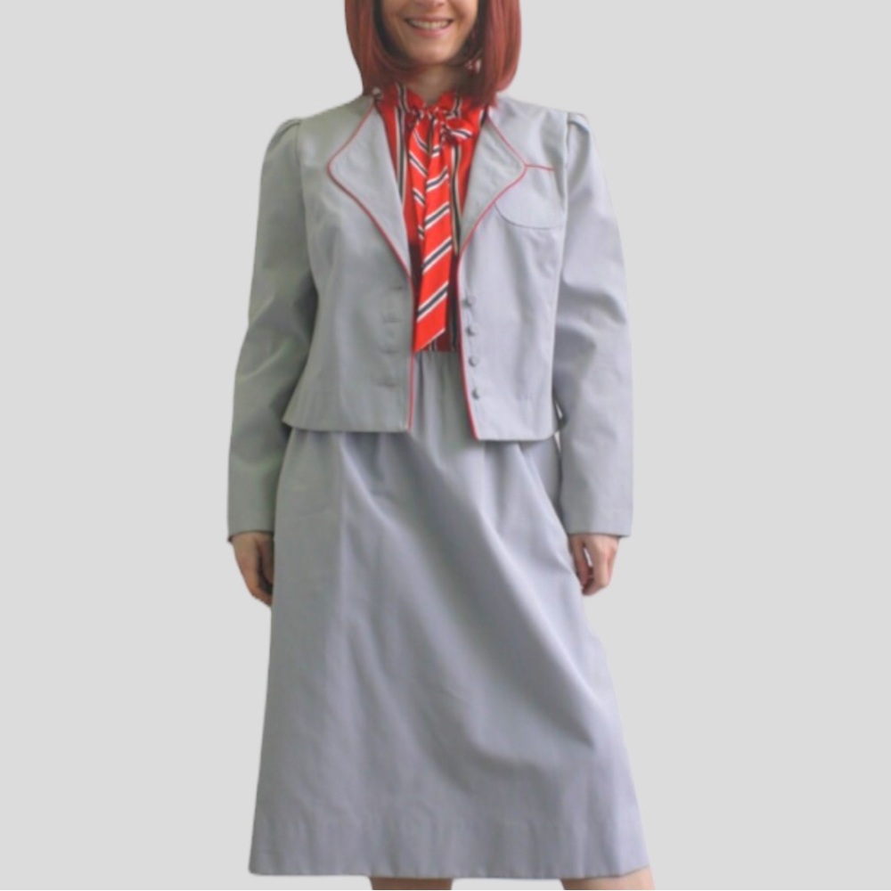 Red Striped Bow Dress with Gray Jacket 70s S